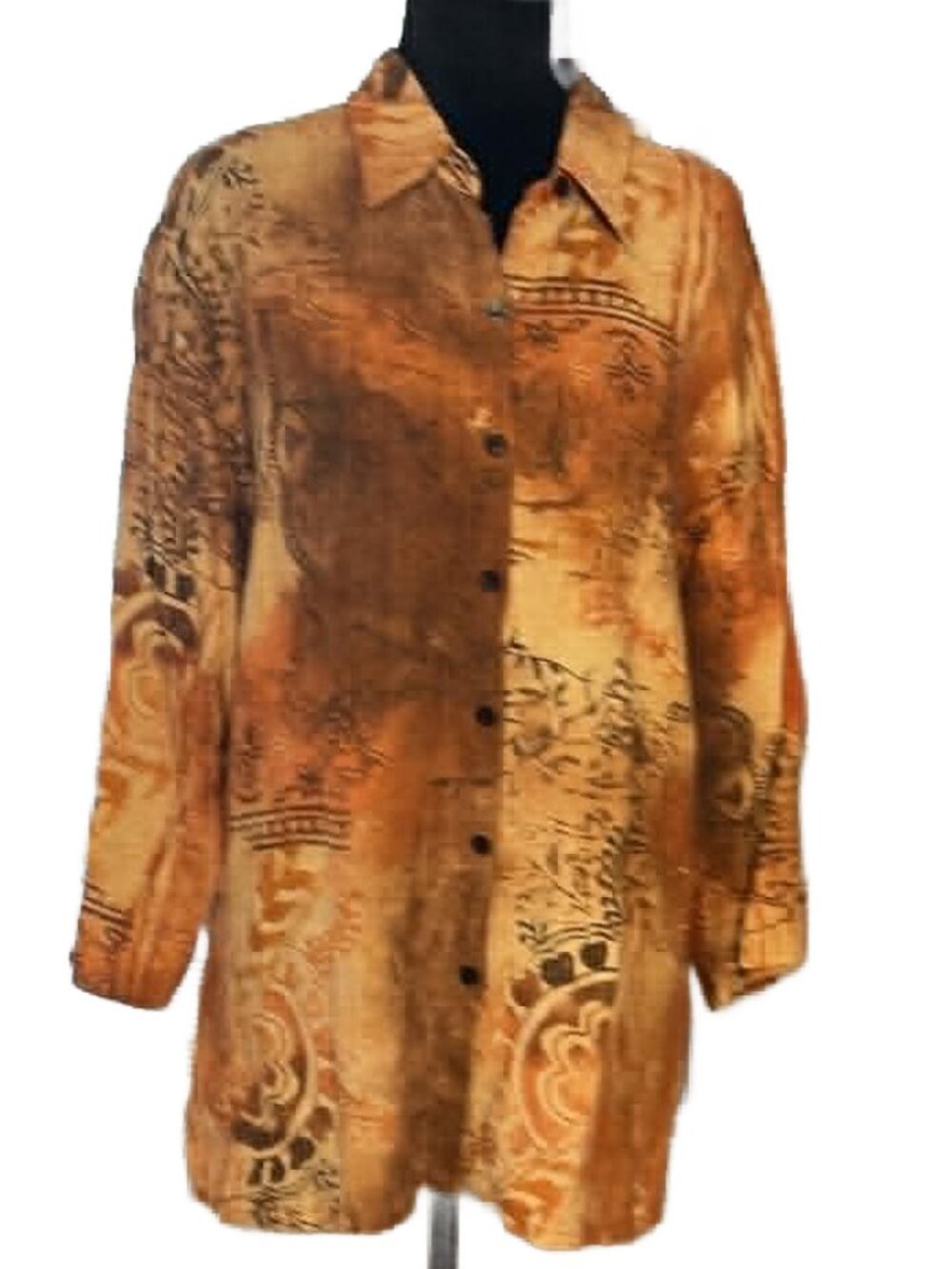 Chico's Size 1 Rust & Brown Abstract Linen Button-Down Blouse